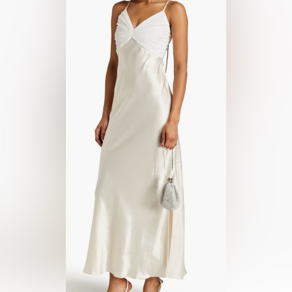 FRAME Cream Pleated Georgette-paneled Satin Maxi Dress